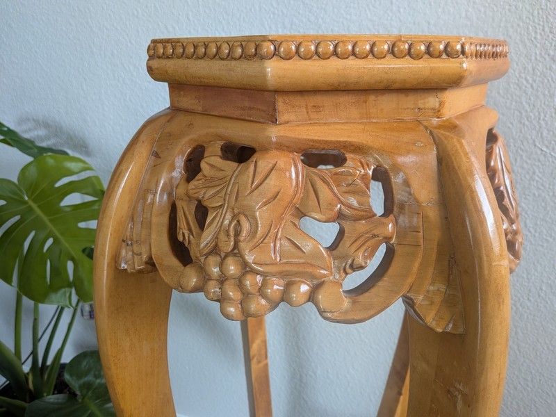 vintage Chinese carved solid wood tall pedestal stand table with a marble top gallery