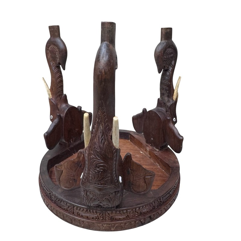 Vtg Anglo Raj Indian Hand Carved Rosewood Side Table w/ Elephant Head Trunk legs gallery
