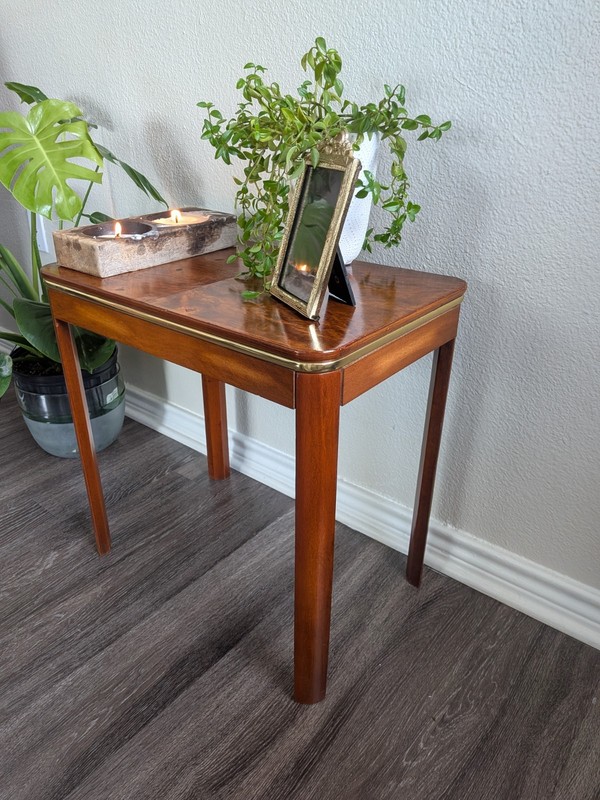 Mid-Century Modern Burr Walnut Side Table | Brass Trim | Vintage 1950s | Accent gallery