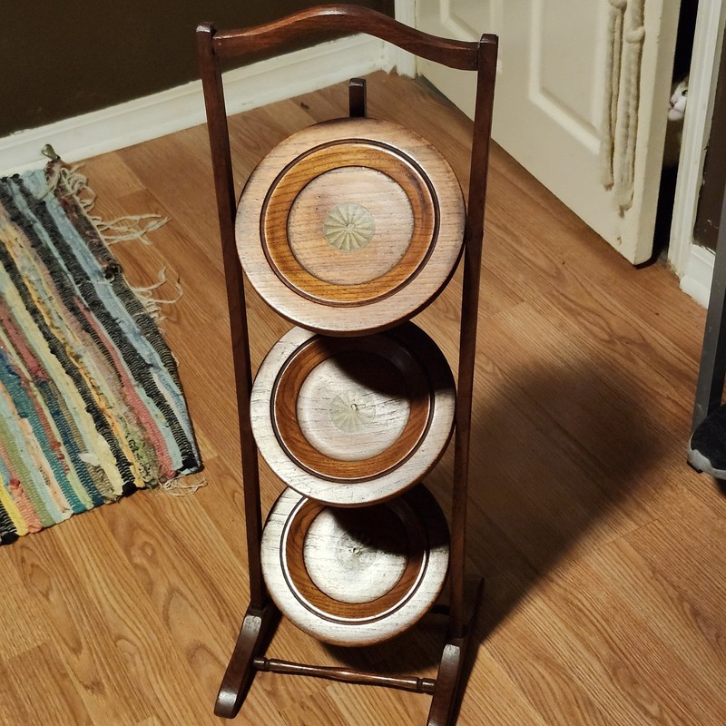 Antique Vintage Edwardian Wooden Inlaid Details Folding Cake Muffin Stand 32″