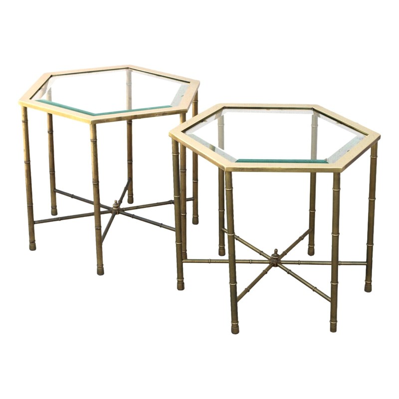 Authentic Pair Vintage Mastercraft Faux Bamboo Hexagonal Brass End Accent Tables
