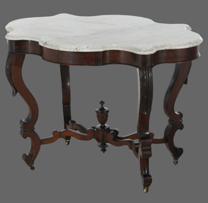 Antique Victorian Foliate Carved Walnut & Beveled Marble Turtle Top Table