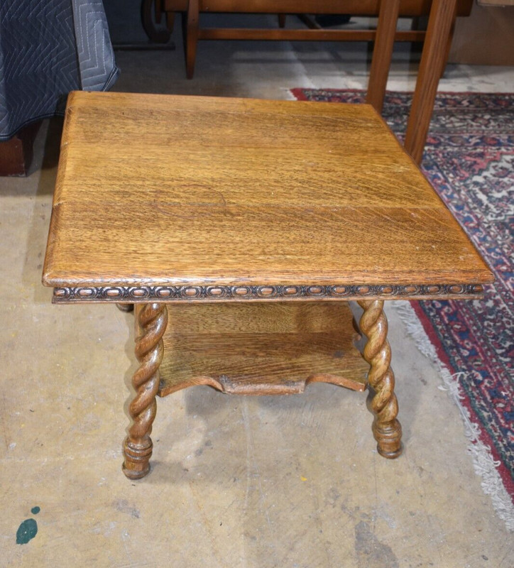 Antique Oak Side Table-Wood Stand with Barley Twist Legs gallery