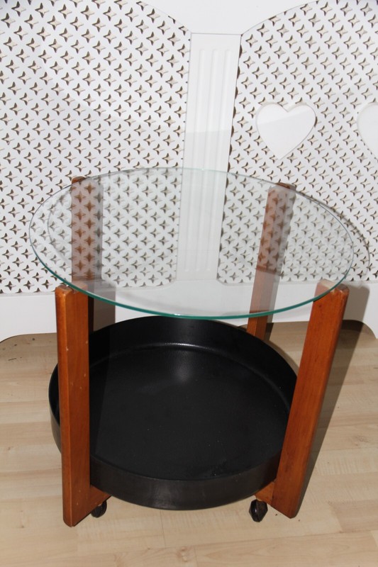 Mid Century Teak Round Coffee Table occasional Table With Glass top & Wheels gallery