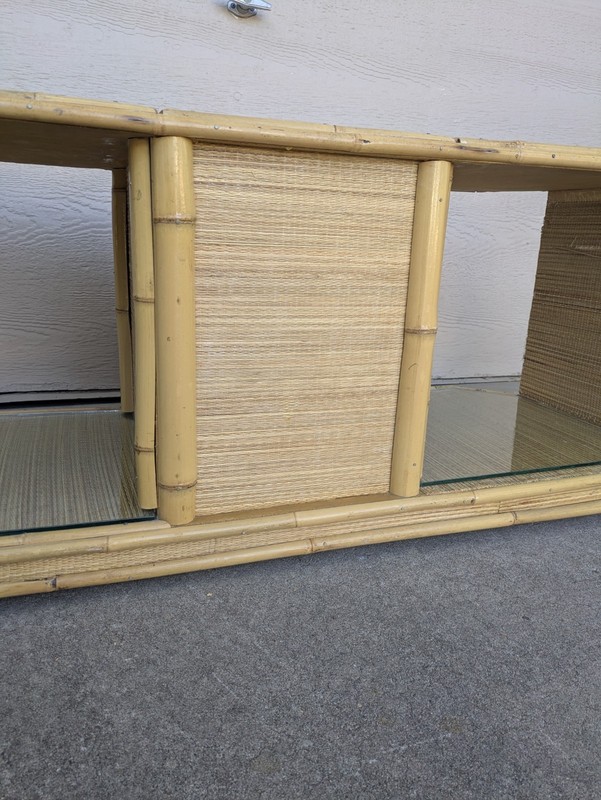 Vintage Asian Boho Chic Bamboo Wicker Rattan Rolling Coffee Table Japanese MCM F gallery