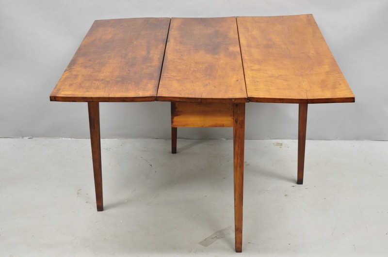 Antique American Federal Tiger Maple Narrow Drop Leaf Breakfast Dining Table gallery