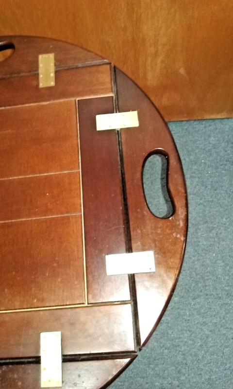 vtg Wood Serving Side Table w Folding Edges, Lift Off Top, Brass Hinges & Legs gallery