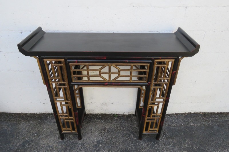 Hollywood Regency Asian Distressed Painted Small Narrow Console Entry Table 6150