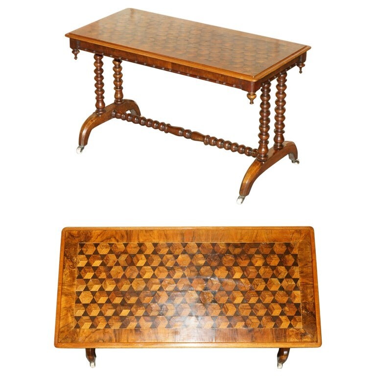FULLY RESTORED ANTIQUE VICTORIAN WALNUT & MAHOGANY PARQUETRY INLAID COFFEE TABLE