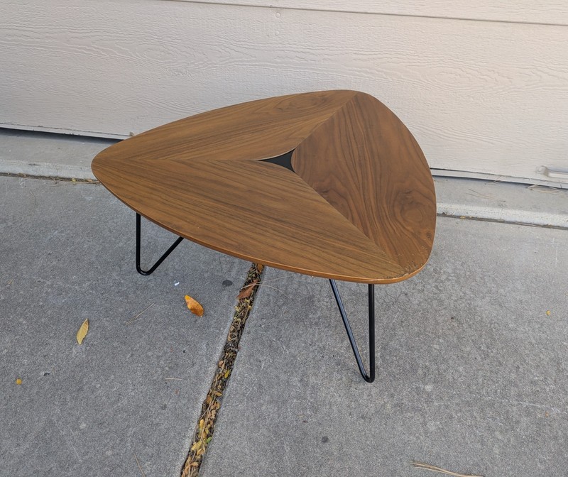 Mid Century Modern Style Guitar Pick Triangle Walnut Coffee Table Iron Legs K82 gallery
