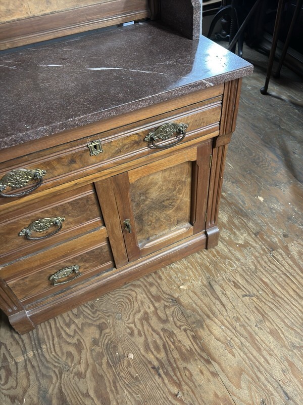 Antique victorian burl walnut high back washstand project marble top ornate 1880 gallery