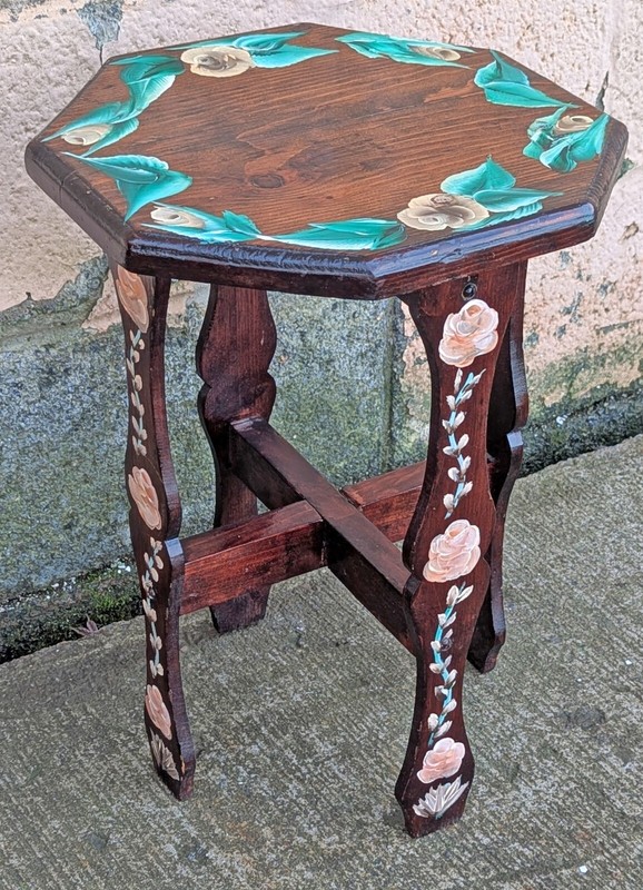 Antique Solid Wood Wooden Octagon Floral Lamp End Side Accent Table Plant Stand