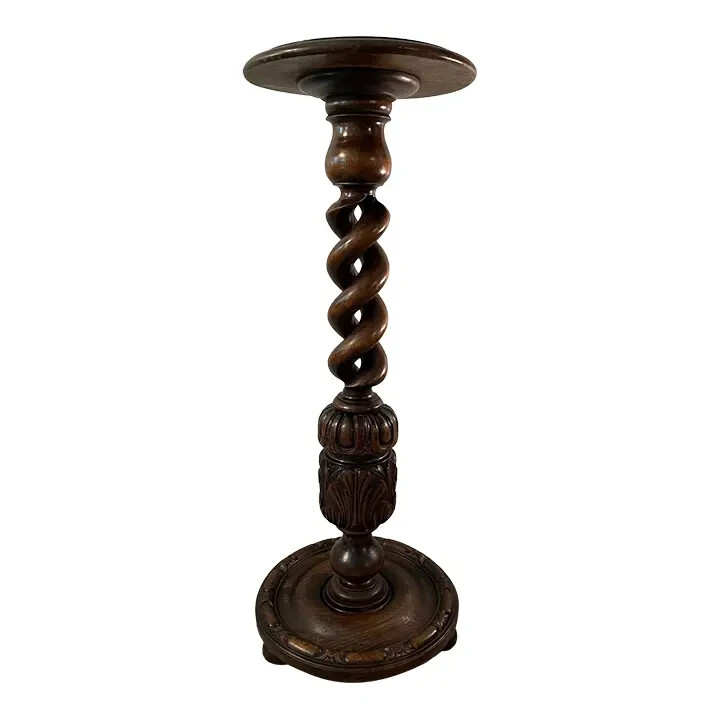 Early 1900s Hand Carved Open Barley Twist Pedestal Stand Display Table