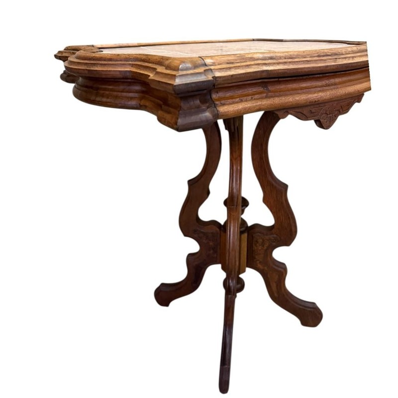 Victorian Walnut Turtle Top Lamp Table – Rose Marble with Burl Accents #22534 gallery
