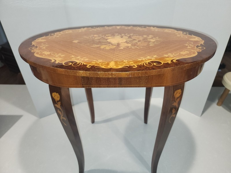 Victorian Antique Wood Accent Table w/ Floral Inlay, Storage w/ music box