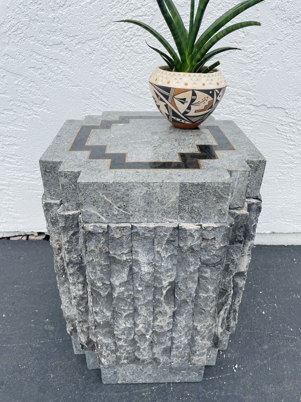 Vintage Postmodern Tessellated Stone Brass Inlay Pedestal Side Table Brutalist ￼