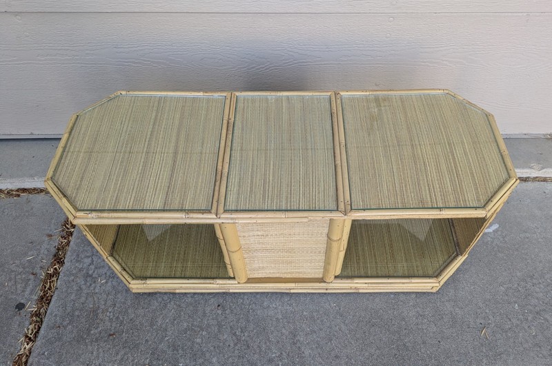 Vintage Asian Boho Chic Bamboo Wicker Rattan Rolling Coffee Table Japanese MCM F gallery