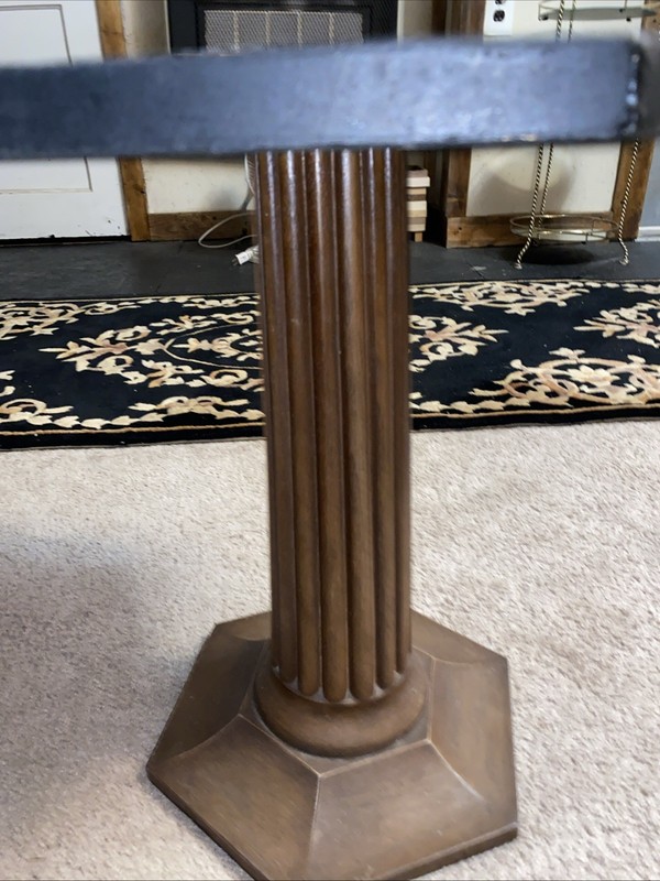 MCM Vintage Italian Black Marble Top Round End Table On Engraved Wood Stand gallery