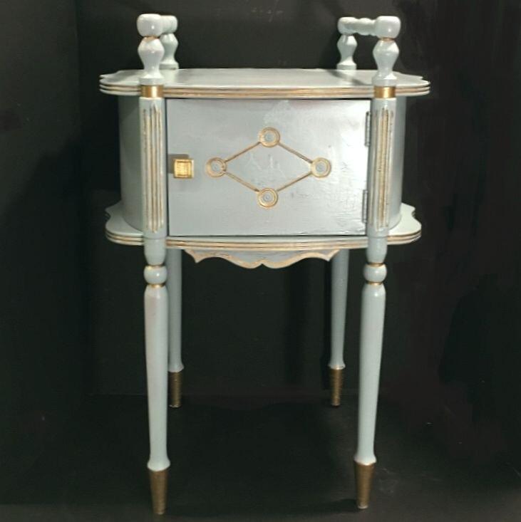 French inspired bar cart. Vintage cigar humidor table. Tea table. French blue.