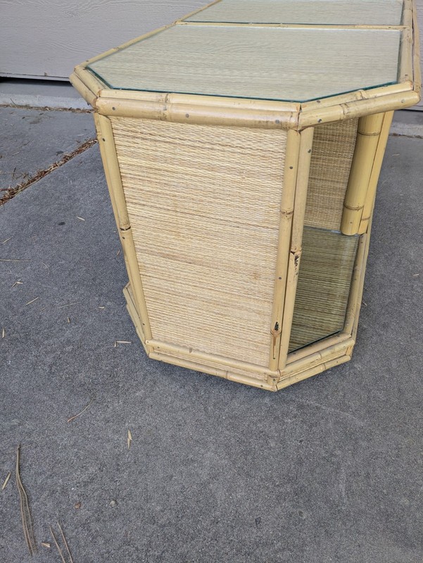 Vintage Asian Boho Chic Bamboo Wicker Rattan Rolling Coffee Table Japanese MCM F gallery