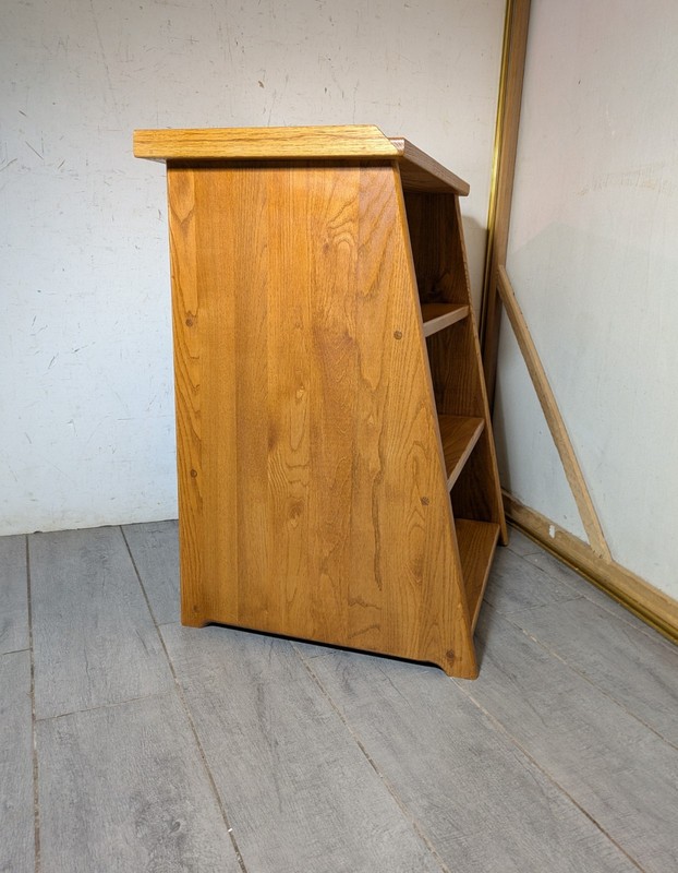 Vintage Mid Century Modern Oak Wood Telephone Table Slanted Nightstand Shelf A gallery