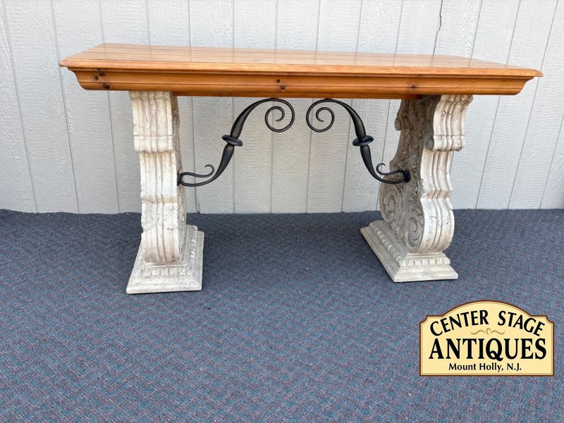 67646 Rustic Console Table with Carved Stone Base and Iron Accents
