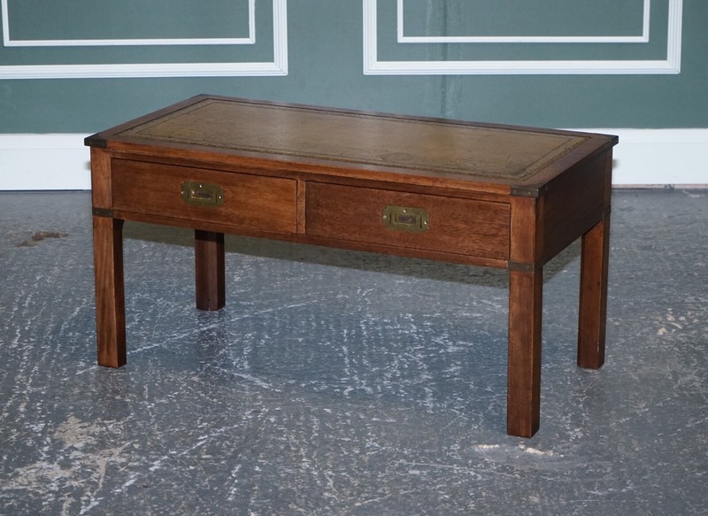 HARRODS LONDON KENNEDY MILITARY CAMPAIGN COFFEE TABLE WITH BROWN LEATHER TOP gallery