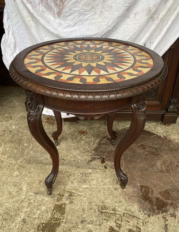 CARVED WALNUT MARBLE INLAID TABLE