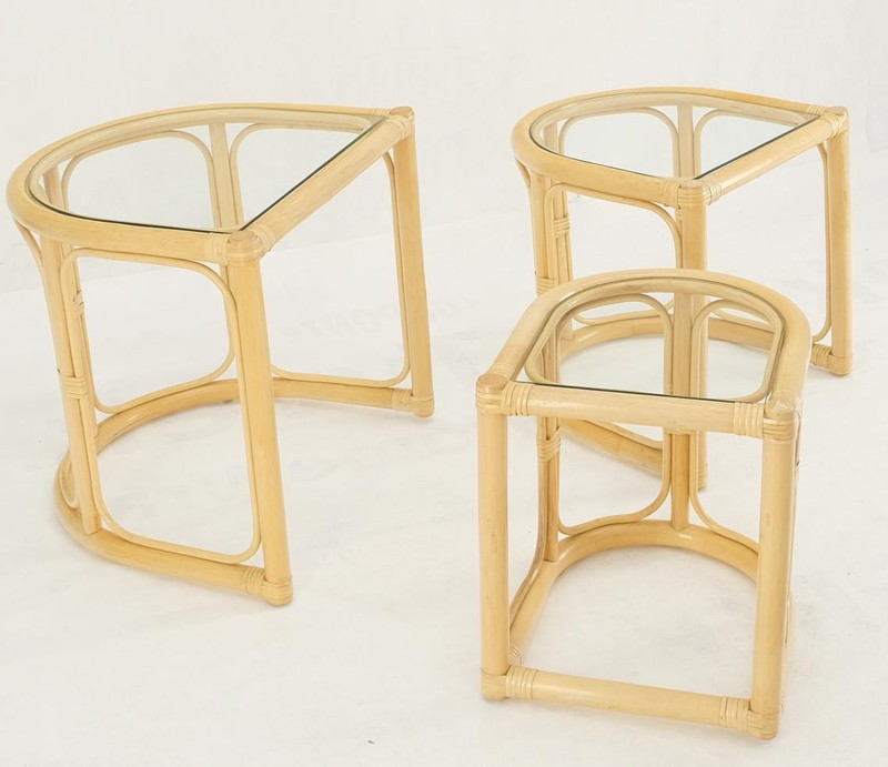 Bent Reed Bamboo Rattan Set of Three Stacking End Side Occasional Tables Stands gallery