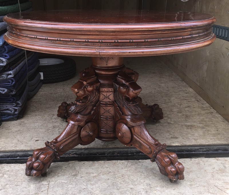WALNUT AND BURL CARVED GRIFFIN TABLE, BARDWELL,ANDERSON & CO. BOSTON