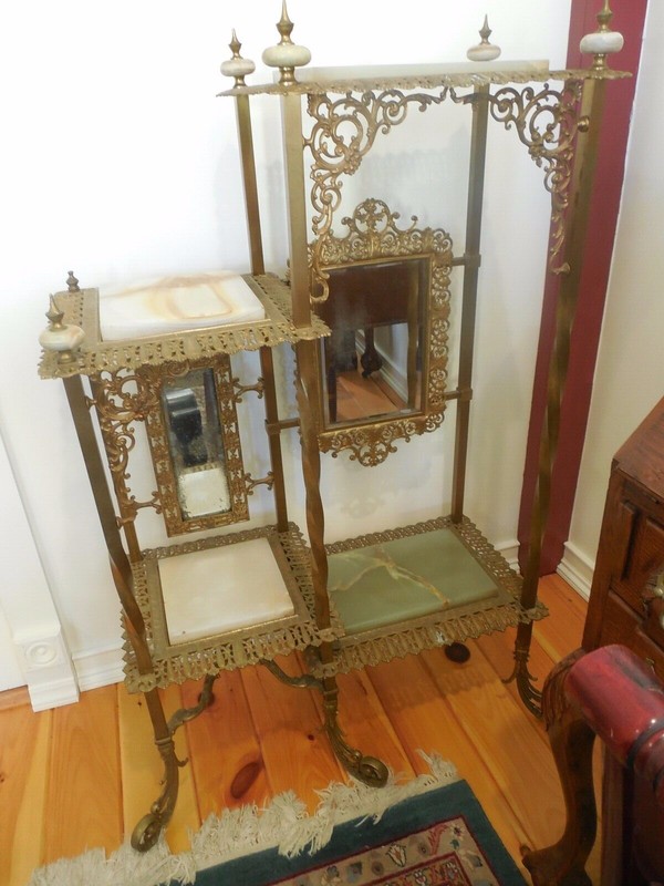 ANTIQUE VICTORIAN BRASS AND MARBLE/ONYX DISPLAY STAND w/ MIRRORS