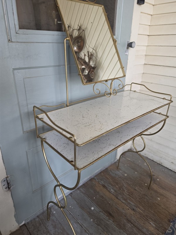 Vintage Gold Metal Atomic Retro Vanity Table Gold Veined Shelves, Tilting Mirror