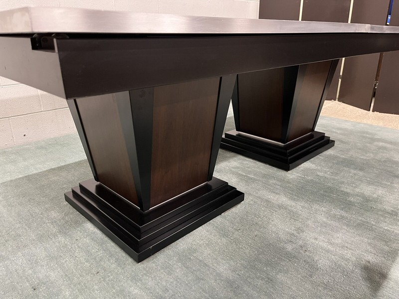 Custom Walnut Art Deco Pedestal Dining Table for 12; Stainless Inlay; 84"-129" gallery
