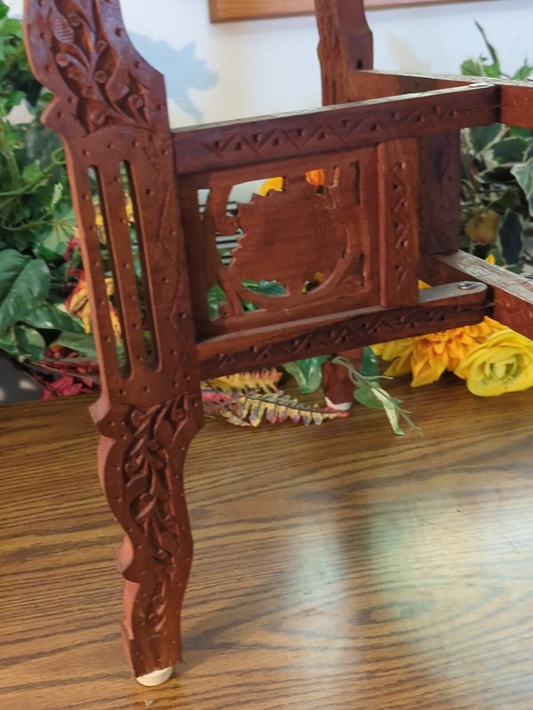 Vtg Side Coffee Table Brass Carved Wood MCM Large Round Asian Folding Base gallery