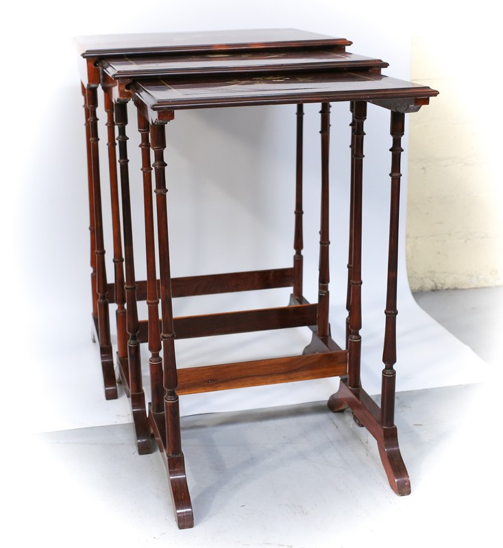 3pc Set French c1900 Mother of Pearl inlay hand painted Stacking Nesting Tables gallery