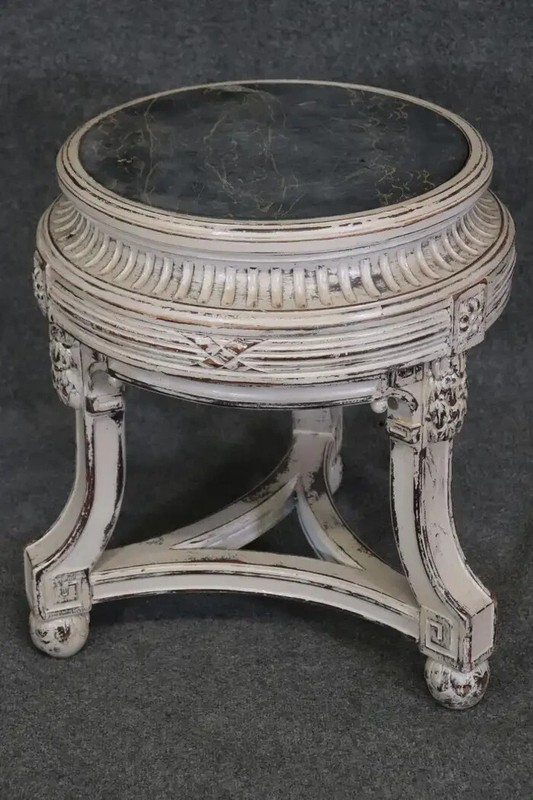 French Regency Style Distressed Finished Marble Top Round End Table Pedestal gallery