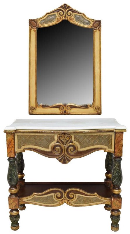 Antique Console Table, Mirror & 2 Side Chairs, Spanish, Marble-Top Gilt, 1800s! gallery