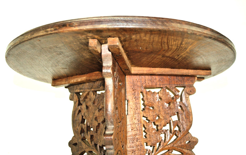 Rare Vintage India Hand Carved Wood Foldable Table with Ornate Inlay Dia. 38cm gallery