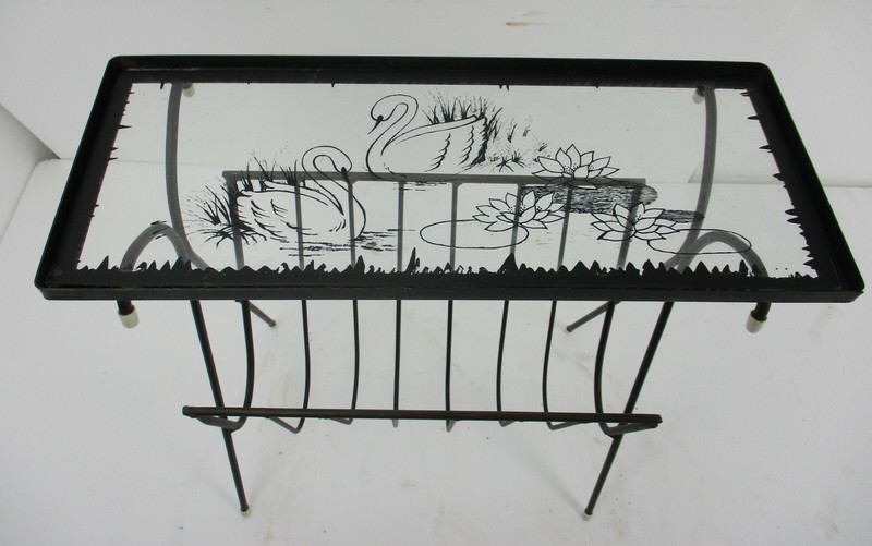 Side Table Magazine Rack Wrought Iron Legs Glass Top Hand painted Swans Vintage gallery