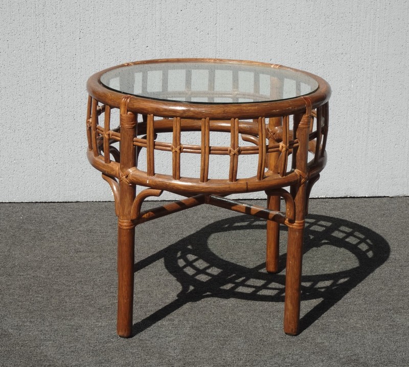 Vintage French Country Bamboo Rattan End Table Side Table w Glass Top gallery
