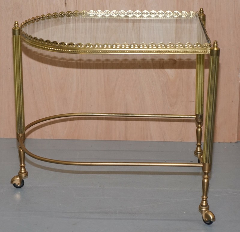 NEST OF THREE BRASS & GLASS TROLLEY TABLES BY MAISON BAGUES FRANCE MID CENTURY gallery