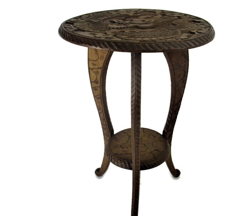 Gothic Asian Style Dragon Hand Carved Wood Side Display Wine Table Pedestal Pla