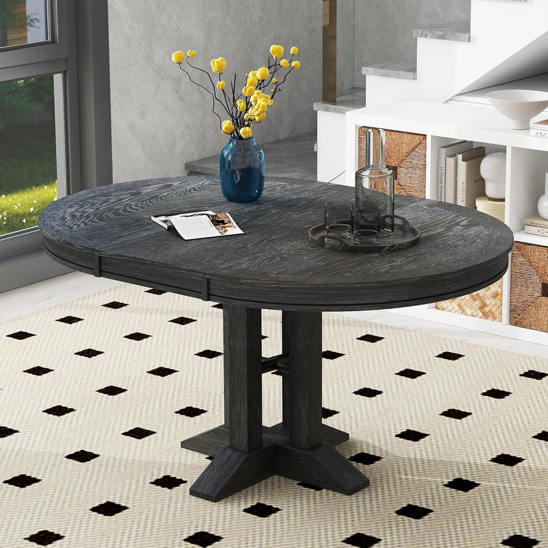 Mid-Century Modern Extendable Round Dining Table with Natural Wood Finish