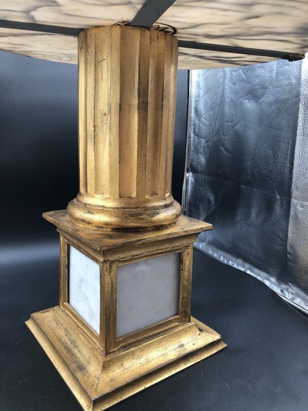 Palladio Antique Italian Side Table Round Faux Marble Top Gilt Metal Column 30s gallery