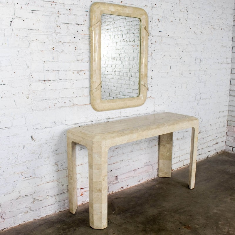 Modern Tessellated Travertine Console or Sofa Table & Wall Mirror Set Philippine gallery