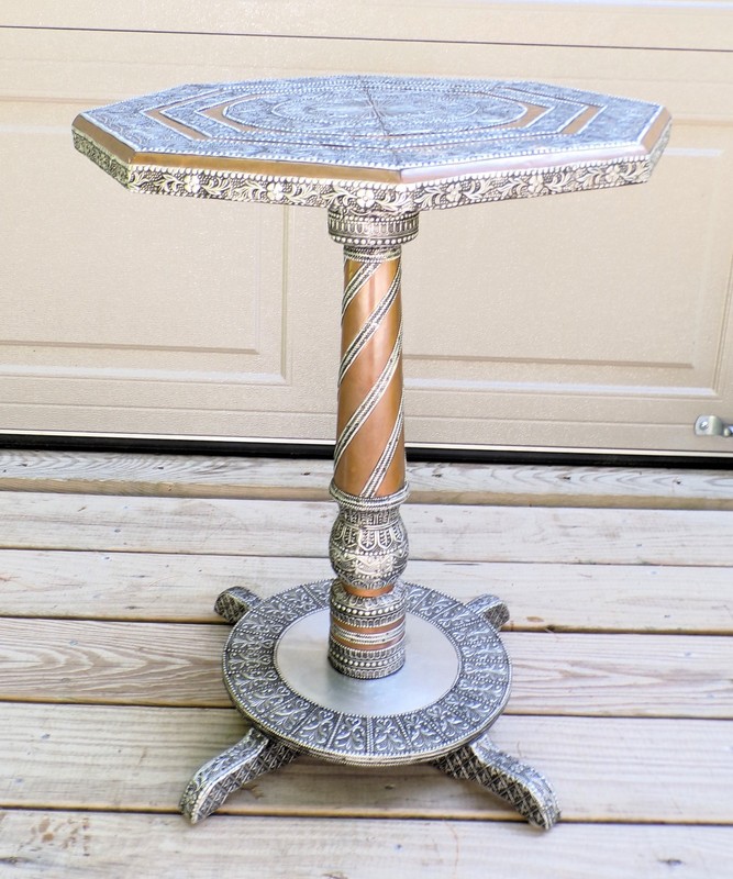 Vintage Moroccan Middle Eastern Style Metal Clad Wood Octagon Table Plant Stand gallery