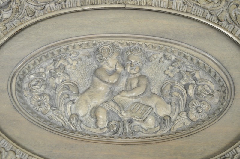 Vintage French Renaissance Walnut Gray Distress Painted Cherub Coffee Table gallery