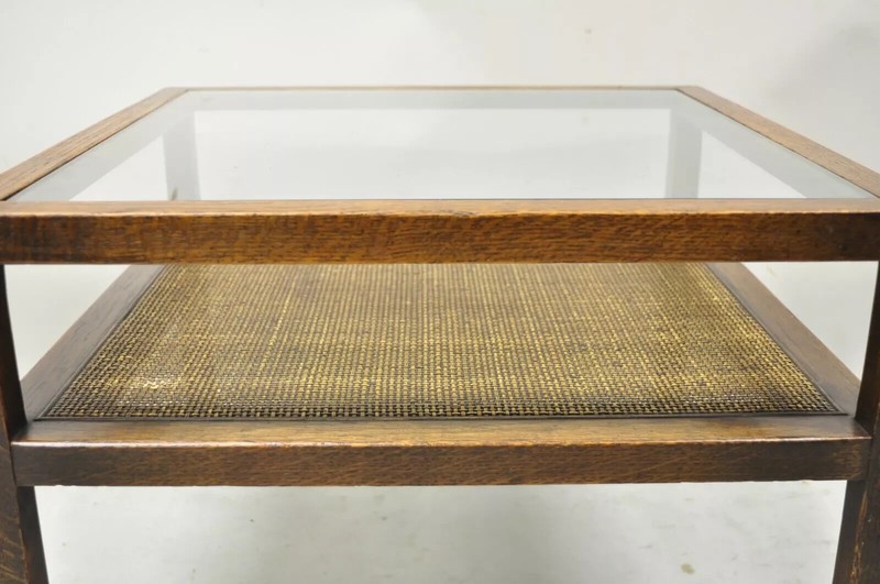 Mid Century Modern Dunbar Style Oak & Cane 2 Tier Glass Top Square Side Table gallery
