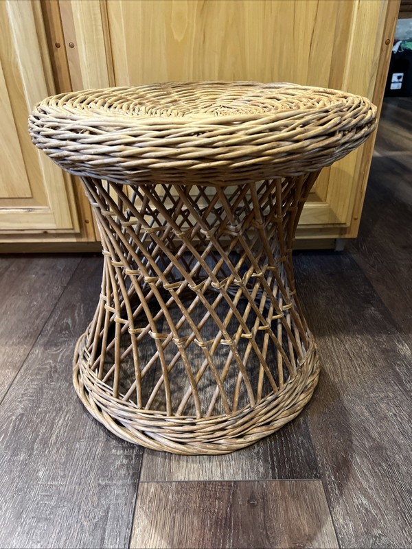 Vtg end table Plant Stand Ottoman Stool Cane Rattan Wicker Boho Mid Century side gallery