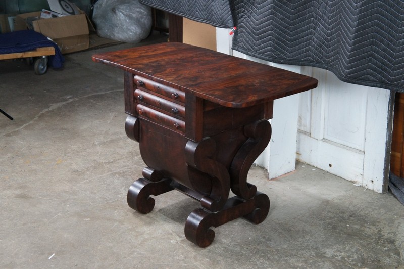 Antique American Empire Crotch Mahogany Drop Leaf Sewing Work Side Table Cabinet gallery